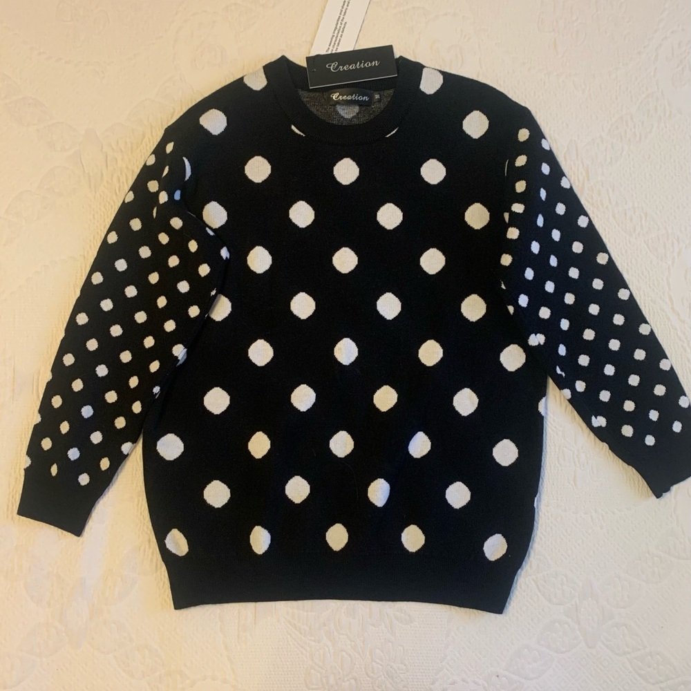Classic Crew Neck Black and White Polka Dot Women's Sweater
